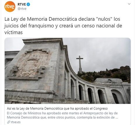TVE de Rosa María Mateo ya aprobó en el Congreso la Ley de la Memoria Lo que fue aprobado & # 243; Ayer fue el borrador de la Ley de Memoria Democrática por parte del Consejo de Ministros, pero en TVE ya lo ven hecho realidad.