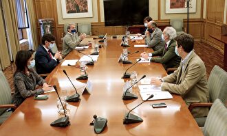 Salvador Illa junto a Fernando Simón, reunido con el consejero de Sanidad de la Comunidad de Madrid, Enrique Ruiz Escudero. | EFE