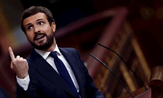 El líder del PP, Pablo Casado, durante su intervención en la segunda sesión del debate de moción de censura presentada por Vox, este jueves en el Congreso. | EFE