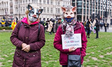 Una imagen de la manifestación anti-Trump y en contra del tratado comercial entre EEUU y Reino Unido que ha tenido lugar en Londres este sábado. | EFE