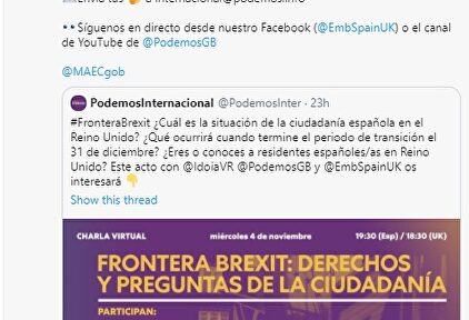 La embajada española en el Reino Unido promociona un acto de Podemos en su cuenta oficial de Twitter | Twitter