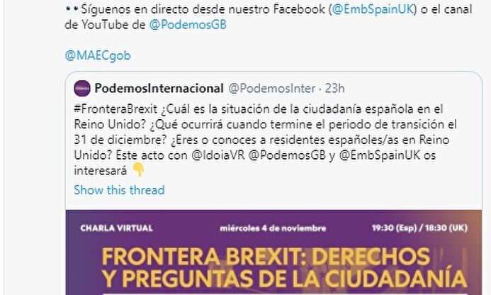 La embajada española en el Reino Unido promociona un acto de Podemos en su cuenta oficial de Twitter | Twitter