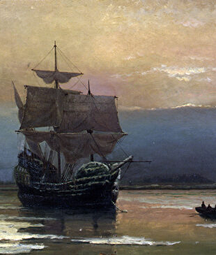 "El Mayflower en el puerto de Plymouth", de William Halsall. | Wikipedia