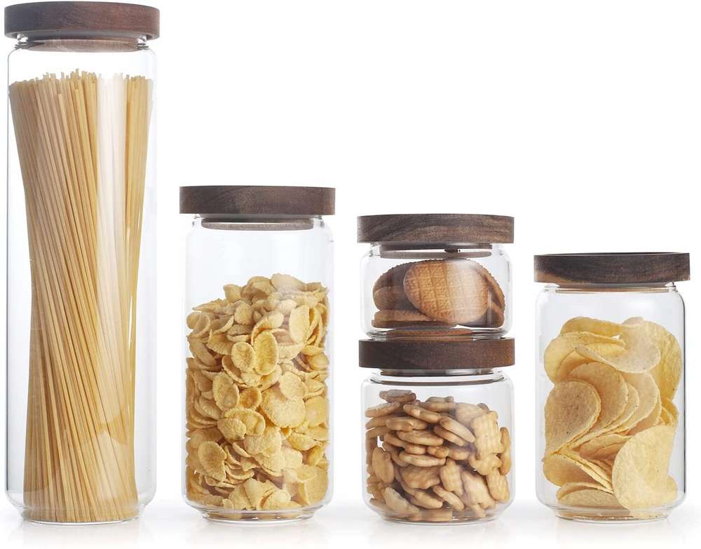 Especias Tarros de Almacenamiento Juego de 5-Recipientes Herméticos con Tapa Bambú-Botes de Vidrio Borosilicato para Cereales Alimentos 