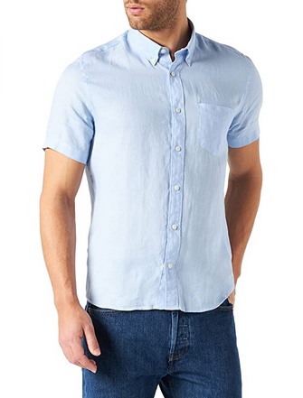 Essentials Camisa de algodón de Lino de Manga Corta Ajustada Hombre 