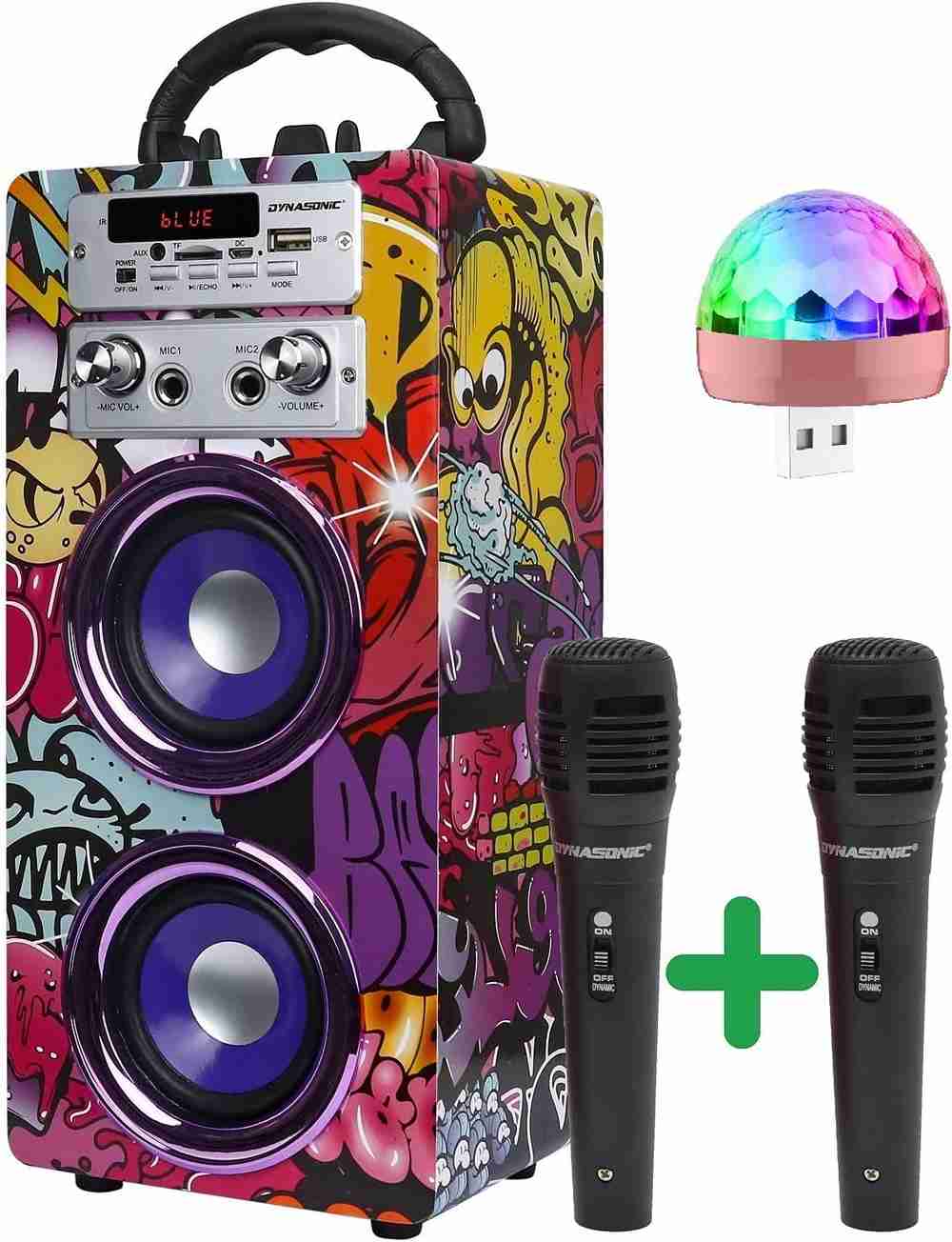 Máquina de karaoke con 2 micrófonos inalámbricos para adultos y niños,  altavoz Bluetooth portátil con luces de fiesta, radio FM, control remoto