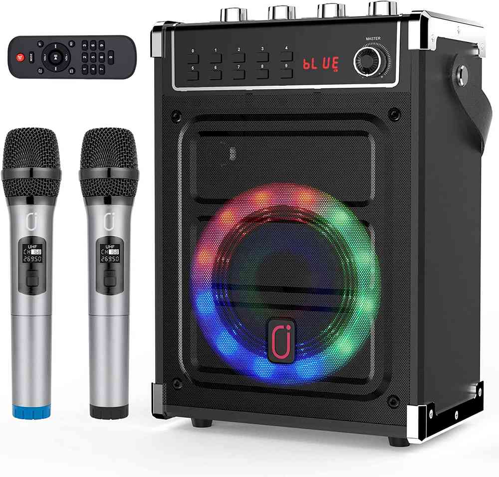 Comprar Mini máquina de Karaoke con 2 micrófonos inalámbricos, altavoz  portátil BT, recargable, 10W, LED de alta fidelidad