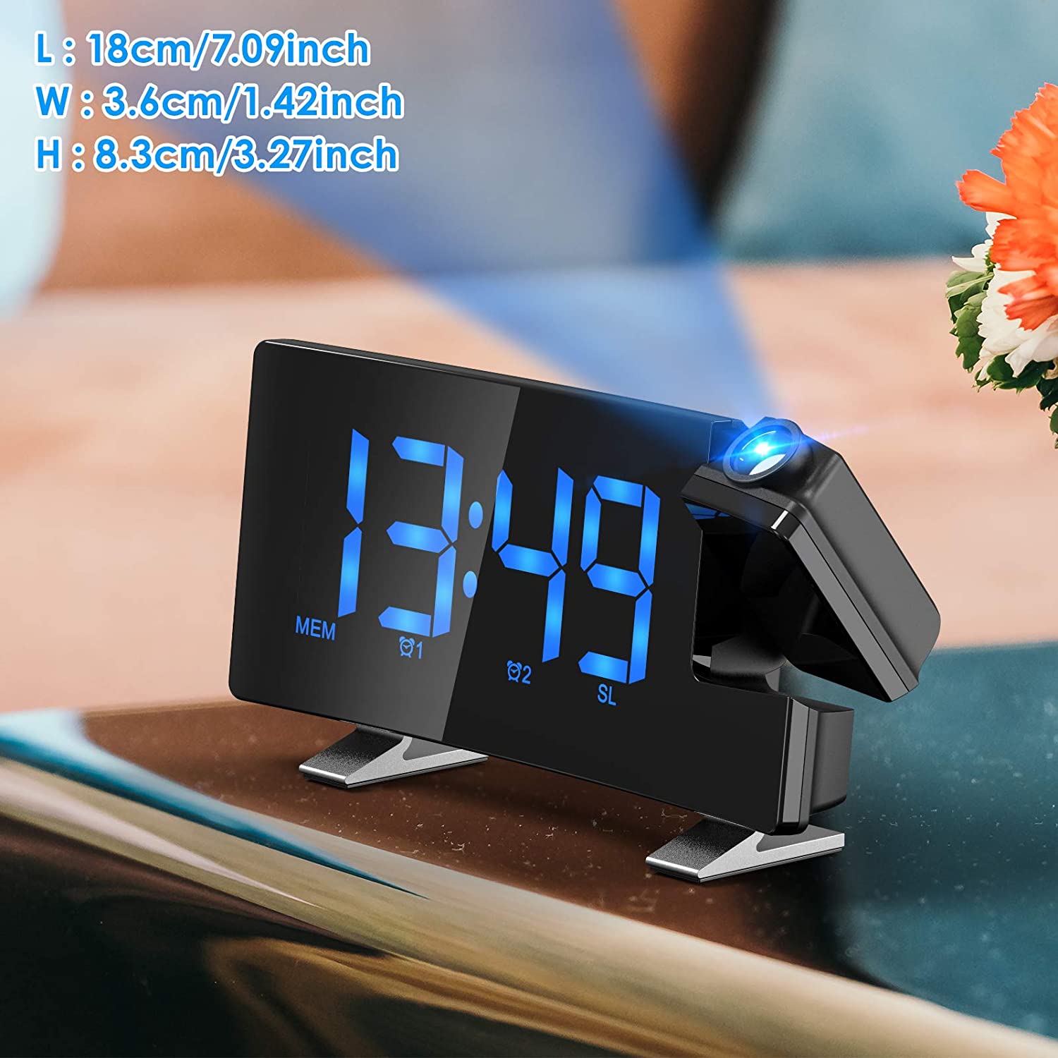 Amanecer tecnológico con un radio reloj despertador digital con proyector