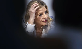 La vicepresidenta del Gobierno y ministra de Trabajo, Yolanda Díaz, en el acto "Pioneras 14" este lunes. EFE/ Borja Sánchez-Trillo