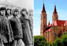 Presos del gulag de Karaganda y la actual catedral 