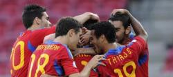 Los jugadores de la selección española celebran uno de los tantos ante Ucrania. | EFE