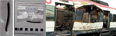 Las muestras que tuvieron que analizar los peritos (izquierda) y el tren explosionado en Santa Eugenia (derecha). 
