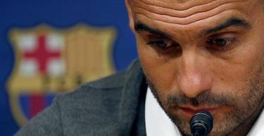 Pep Guardiola, durante la rueda de prensa de su despedida. | Archivo